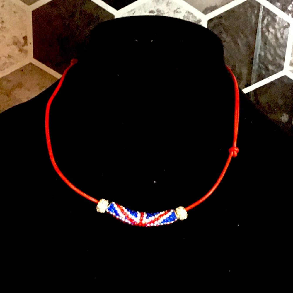Red British rhinestone flag necklace